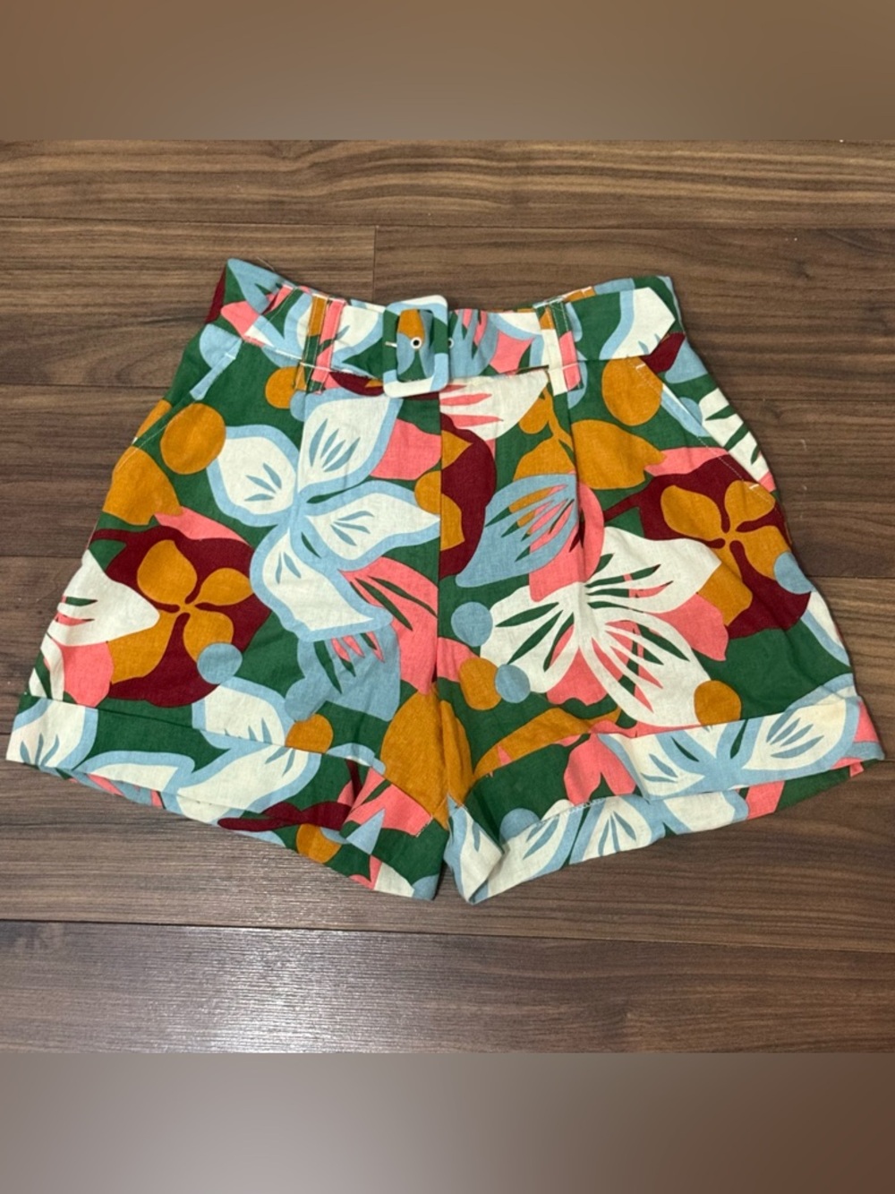 Maison d’Amelie Floral Linen Shorts Belted High Waist Colorful Size 2